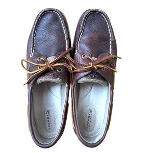 SPERRY TOP-SIDERS leather boat shoes brown fabric lace slip on nautical preppy